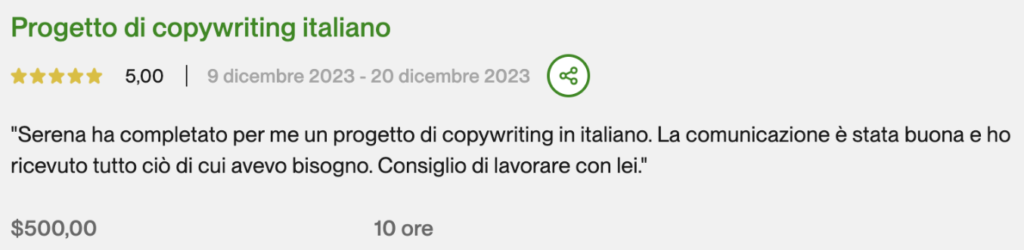 recensione positiva 5 stelle per copywriting in italiano