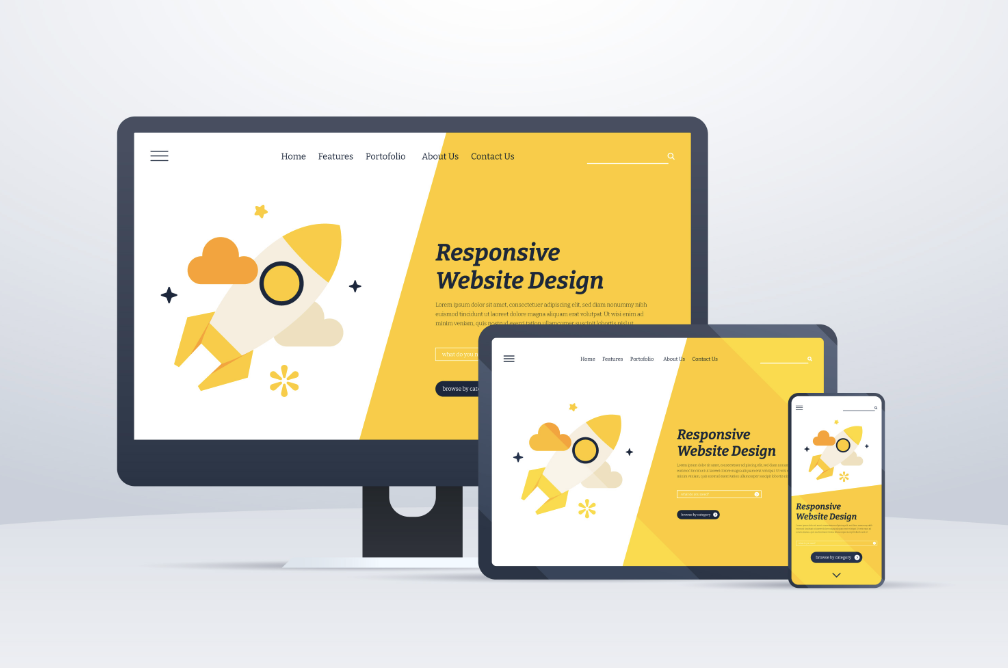 sito web responsive mostrato su desktop, tablet e telefono