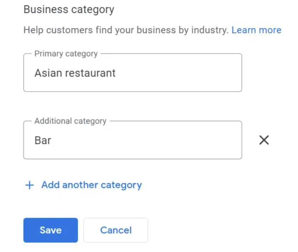 google my business category